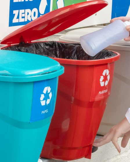 A imagem mostra cinco lixeiras coloridas, utilizadas para descartar corretamente os resíduos reciclados. Da esquerda para a direita, há uma lixeira em tom azul-claro, destinada para o descarte de papel; ao lado dela está uma lixeira vermelha, destinada aos resíduos plásticos, em seguida, há uma lixeira bege, usada para o descarte do lixo orgânico; por fim, há uma lixeira em tom verde-escuro, usada para descartar materiais não reciclados. Também é possível ver as mãos de uma pessoa branca. Com a mão esquerda, ela pressiona a alavanca que abre a lixeira vermelha. A mão direita da pessoa leva uma embalagem plástica ao interior da lixeira.