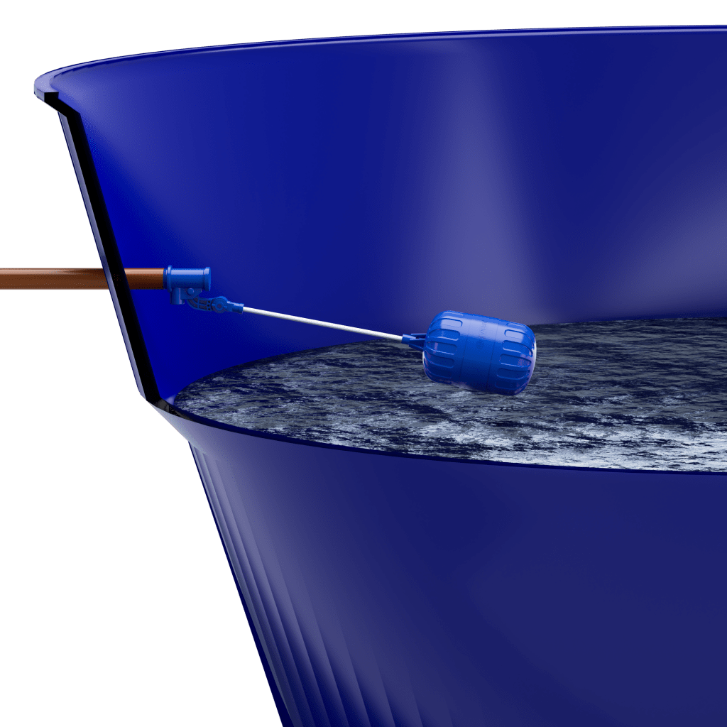 Uma caixa d'água cortada, na cor azul, mostra uma torneira de boia de alta vazão da Astra em funcionamento. A caixa está cheia de água. 