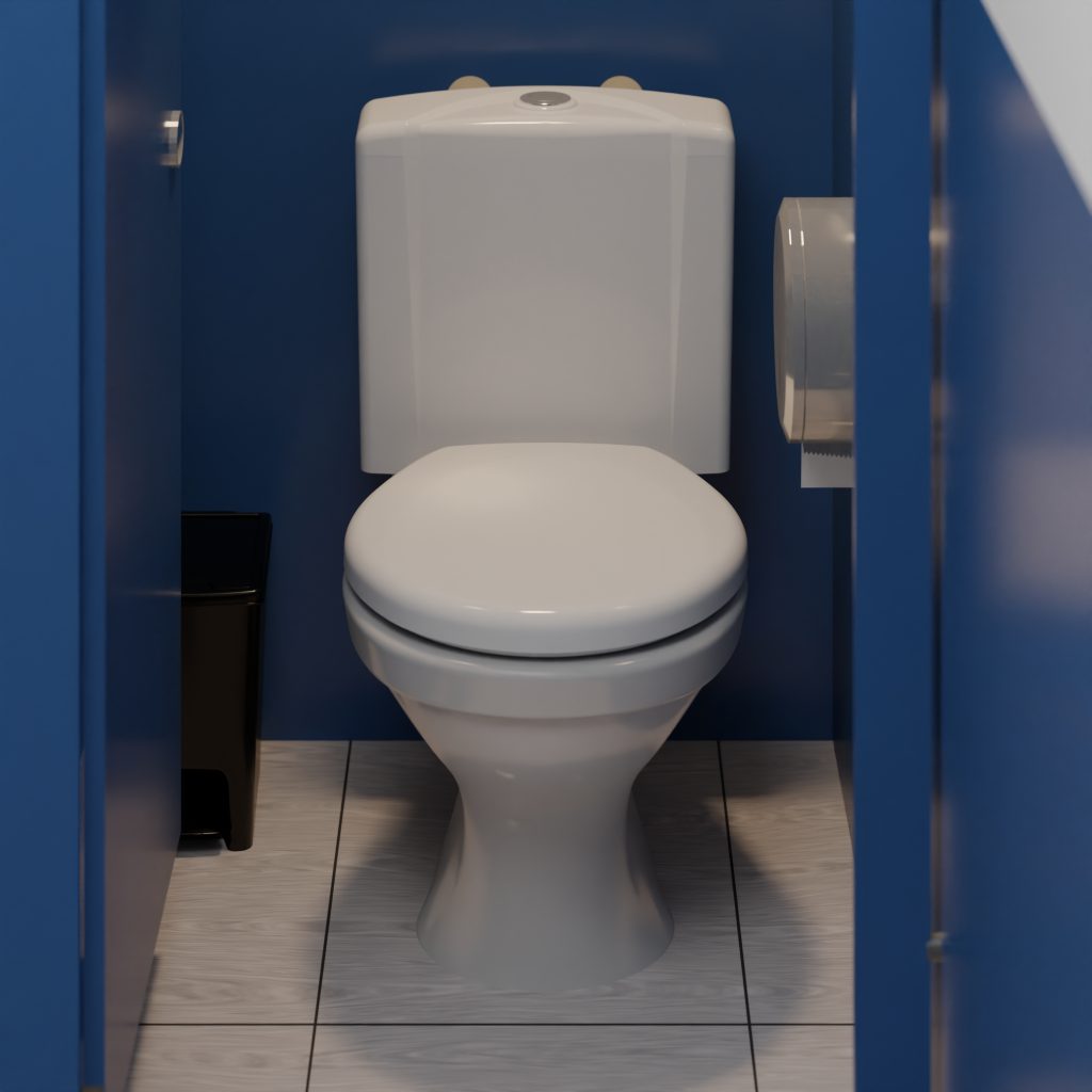 A imagem acima apresenta uma cabine de banheiro escolar, na cor azul, sendo olhada de frente. O espaço conta com um assento sanitário branco, e uma caixa acoplada universal de plástico, além de um pequeno lixo preto e um porta-rolo de papel cinza.  