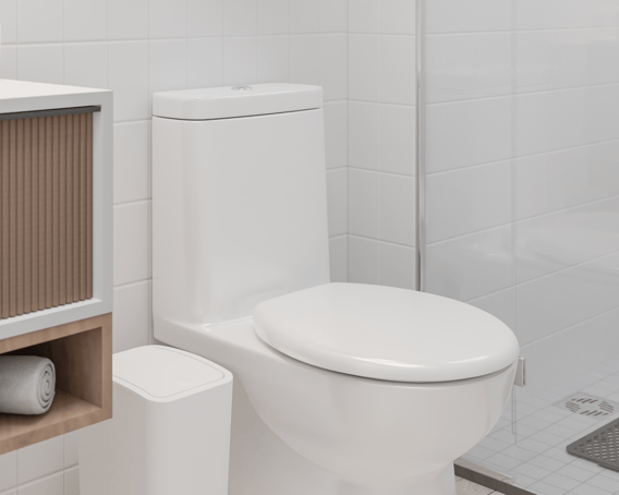 Assento sanitário oval instalado em um vaso sanitário. O banheiro é branco com um móvel de madeira.