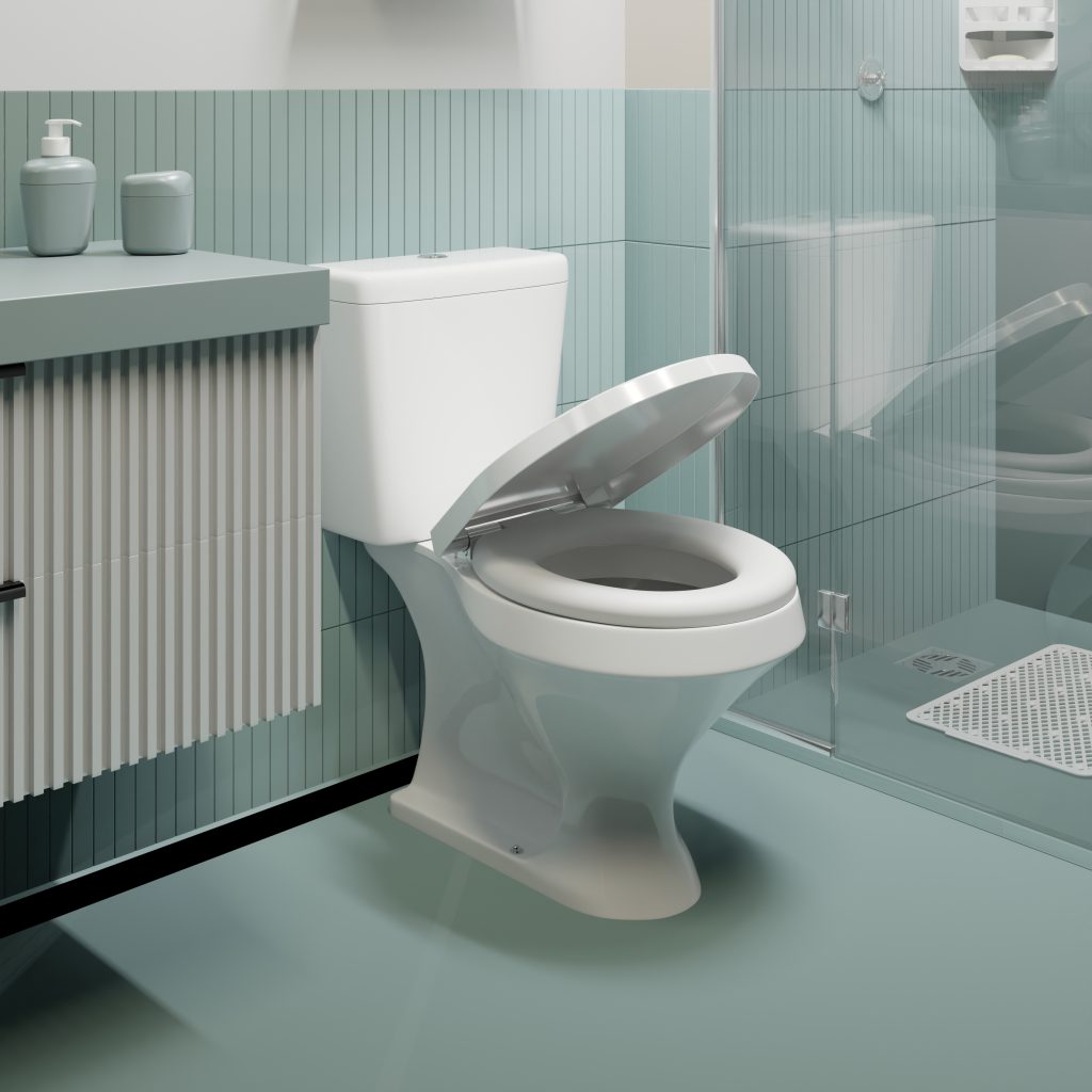 Foto de uma privada em um banheiro moderno. A privada é branca e seu assento está aberto. Ao lado vemos uma bancada com alguns objetos de higiene.