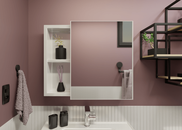 Armário para banheiro moderno com nichos decorativos.