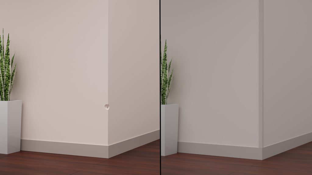 Comparação entre uma parede entre uma quina de parede danificada e uma quina de parede com uma cantoneira instalada, escondendo a imperfeição.